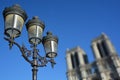 Street light in front the Notre Dame cathedral of Paris Royalty Free Stock Photo