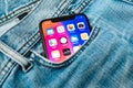 New Apple iPhone X 10 in pocket of denim jeans trousers Royalty Free Stock Photo