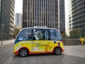 Paris / France - November 01 2017: Yellow unmanned electric bus in the modern district of La Defense in Paris.