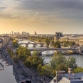 Aerial view of Paris. The banks of the Seine with its bridges, the Grand Palais and the La Defense district Royalty Free Stock Photo
