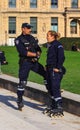 Armed national police officers, male and female, on rollerblades patroling near the Louvre in Paris, France