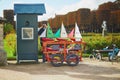 PARIS, FRANCE - OCTOBER 3, 2020: Cart with toy wooden boats floating for rent in Luxembourg garden, Paris. Traditional games of