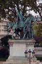 Statue of King Charlemagne standing outside Notre Dame de Paris