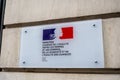 Close-up of the plaque attached to the entrance of the Ministry responsible for equality between women and men, Paris, France