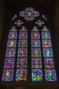 Closeup of a stained glass window in the Notre Dame de Paris Cathedral in Paris France