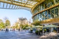 Patio of the Forum des Halles underground shopping mall in Paris and church of Saint-Eustache