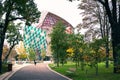 Paris, France - October 19, 2016: the Museum of modern art Foundation Louis Vuitton, view from the Park with walking Royalty Free Stock Photo
