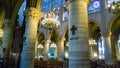 PARIS, FRANCE - OCTOBER 17, 2016: Notre Dame de Paris Cathedral, Interior view of columns and stained glass of the Cathedral Royalty Free Stock Photo