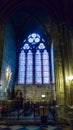 PARIS, FRANCE - OCTOBER 17, 2016: Notre Dame de Paris Cathedral, Interior view of columns and stained glass of the Cathedral Royalty Free Stock Photo