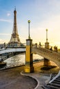 The Eiffel Tower and the Debilly footbridge at sunset in Paris, France