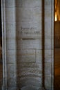 Water level of flood occured on January 28, 1910 in Paris, remained on a pillar of Conciergerie Par