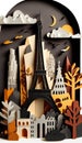Paris, France, paper art collage, vibrant layered colored paper, AI generative