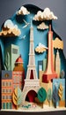 Paris, France, paper art collage, vibrant layered colored paper, AI generative