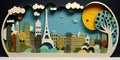 Paris, France, paper art collage, vibrant layered colored paper, AI generative