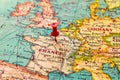 Paris, France pinned on vintage map of Europe Royalty Free Stock Photo