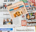 international press newspaper reporting about Angela Merkel election in Germany Royalty Free Stock Photo