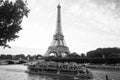 Paris, France - September 29, 2017: boat trip on Seine river. Eiffel tower. Iconic landmark. Water tour. Sightseeing