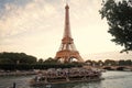 Paris, France - September 29, 2017: boat trip on Seine river. Eiffel tower. Iconic landmark. Water tour. Sightseeing Royalty Free Stock Photo