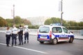 Paris, France - September 29, 2017: police car block road. Traffic police officers. Patrol vehicle. Traffic checkpoint Royalty Free Stock Photo