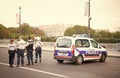 Paris, France - September 29, 2017: police car block road. Traffic police officers. Patrol vehicle. Traffic checkpoint Royalty Free Stock Photo