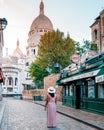 Paris France September 2018, Streets of Montmartre in the early morning with cafes and restaurants, colorful street view Royalty Free Stock Photo