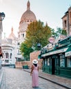 Paris France September 2018, Streets of Montmartre in the early morning with cafes and restaurants, colorful street view