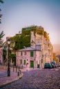 Paris France September 2018, Streets of Montmartre in the early morning with cafes and restaurants, colorful street view Royalty Free Stock Photo