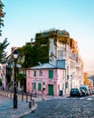 Paris France September 2018, Streets of Montmartre in the early morning with cafes and restaurants, colorful street view Royalty Free Stock Photo