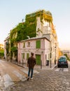 Streets of Montmartre Paris France in the early morning with cafes and restaurants, La Maison Rose