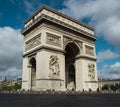 Close up of the arc de triomphe with a cloudy blue sky and no cars Royalty Free Stock Photo