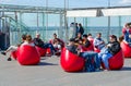 Tourists rest on observation deck of Montparnasse Tower, Paris, France Royalty Free Stock Photo