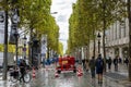 Paris, France, 09/10/2019: Street on the Champs Elysees. Roadworks on a cloudy rainy day