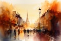 Paris France street view watercolor oil painting with abstract people walking vintage building and Eifel tower