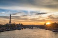 Paris France sunset at Seine River with Pont Alexandre III bridge and Eiffel Tower Royalty Free Stock Photo