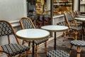 Paris, France, 09.10.2019: Tables in a cozy street traditional European cafe