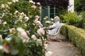 An elderly lady on a bench in a rose garden