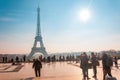 Paris, France, 11.21.2018 Trocadero square with view of the eiffel tower and crowd of people in a clear autumn morning.