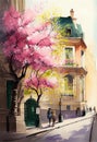 Paris, France watercolor artwork. AI generative. Springtime