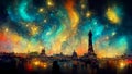 Paris galaxy night landscape. 3d colorful background. Painting digital art Royalty Free Stock Photo