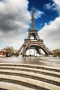 Paris. Gorgeous wideangle view of Eiffel Tower with Stairs to Se