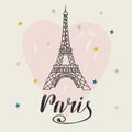 Paris. Hand drawn illustration with Eiffel tower. Romantic card with heart