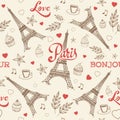 Paris hand drawn seamless pattern with Eiffel tower