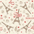 Paris hand drawn seamless pattern with Eiffel tower Royalty Free Stock Photo