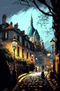 Paris hilly street at twilight