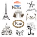 Paris icons set. Hand-drawn France landmarks: Eiffel