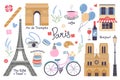 Paris icons. Travel in France. Europe church. Eiffel tower. Perfume and bicycle. French tourism. Cafe table and chair