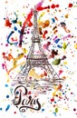 Paris label with hand drawn Eiffel Tower, lettering Paris on multicolored watercolor background