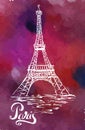 Paris label with hand drawn Eiffel Tower, lettering Paris on a watercolor background