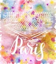 Paris label with hand drawn the Louvre, lettering Paris on watercolor stain