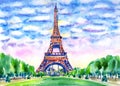 Paris landscape with the Eiffel Tower, watercolor painting Royalty Free Stock Photo